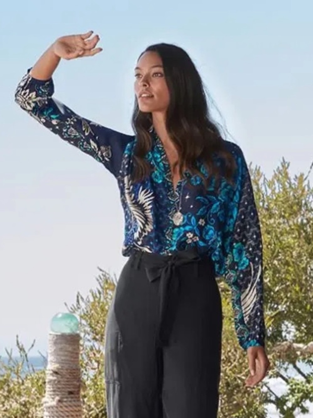 Johnny Was Phoenix Tate 100% Silk Navy Blue Floral Paisley Button-Front Blouse